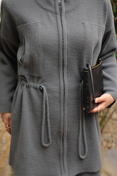 İmajButik Smoked Zippered Angora Soft Cardigan Trouser Set