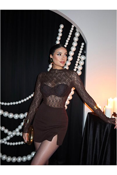 ESRAHELVACI ψηλός λαιμός Διαφανής δαντελένια μπλούζα