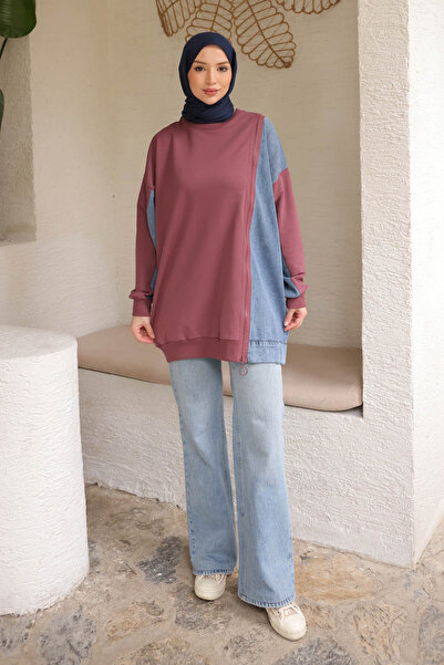 İmajButik Dusty Rose Denim Paneled Modal Tunic