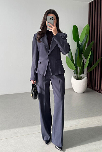 My Blog Navy Blue Single Button Pencil Jacket Pants Set - 9480