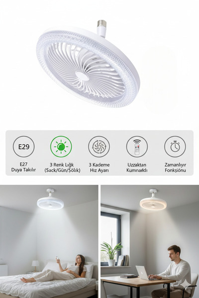 SeckinStore PRATİK Tavan Vantilatörü | Kumandalı | 3 Renk LED Lamba | Portati...