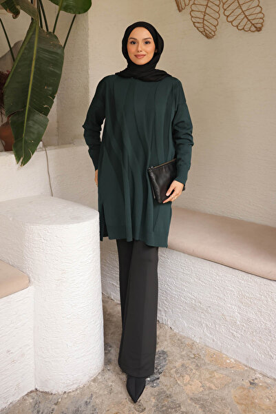İmajButik Dark Green Cold Yarn Mercerized Knitwear Tunic