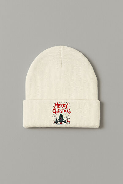 MODA 2026 Christmas New Year Printed Ecru Folded Winter Hat Beanie