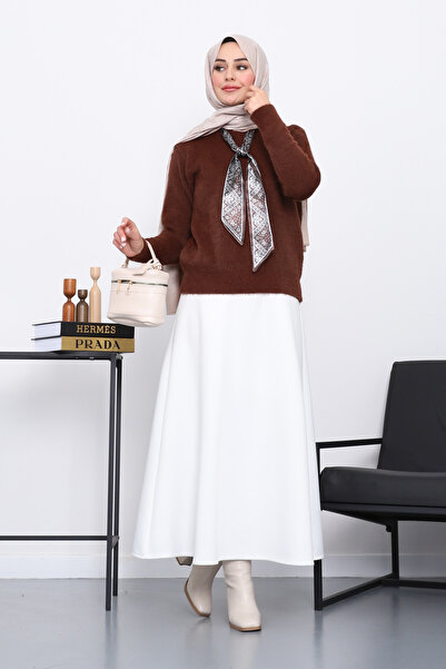 İmajButik Angora Soft Sweater with Brown Scarf Detail