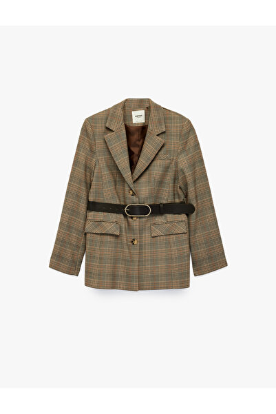 Koton Long Sleeve Plaid Blazer Jacket with Pockets and Belt