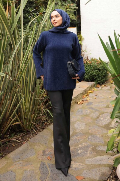 İmajButik Navy Blue Mock Neck Angora Soft Knit Sweater