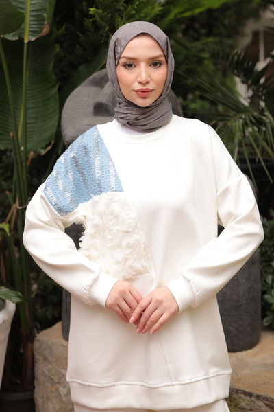 İmajButik Ecru Kot Paneled Modal Tunic Trouser Suit