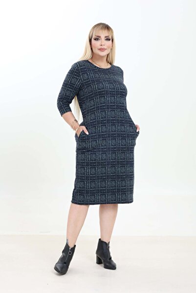 modayız Double Pocket Patterned Stretchy Winter Plus Size Midi Dress 21A-2760