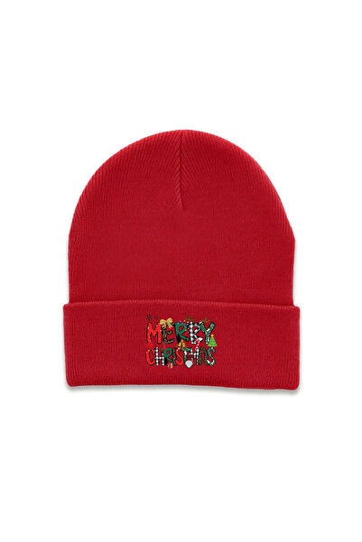 MODA 2026 Christmas New Year Printed Red Folded Winter Hat Beanie