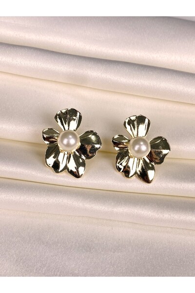 Furtek Aksesuar Women's Pearl Flower Steel Earrings Flower Model Gold Plated Non-Tarnish