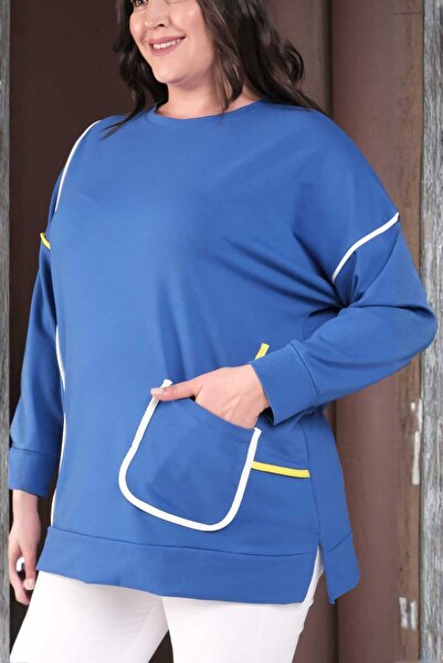 tarzımsüper Women's Plus Size Striped Detail Pocket Cotton Sweatshirt