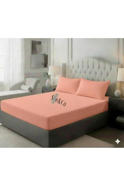 She&Co 2 Pieces Salmon Plain Cotton Double Size 180 X 200 X 30 cm Fitted Sheet Set