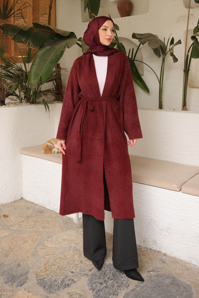 İmajButik Burgundy Belted Long Angora Cardigan