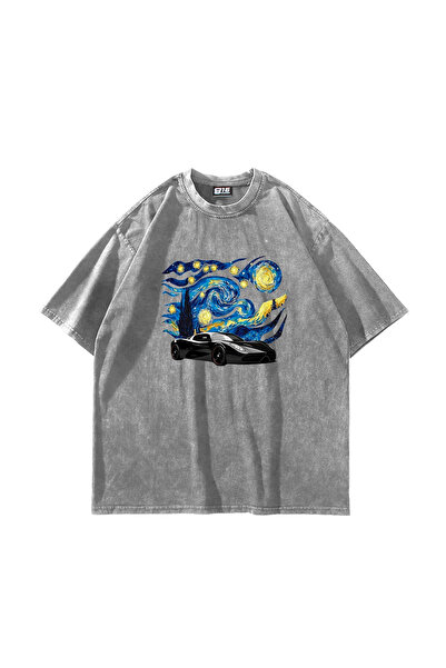Sekizbiraltı Starry Night Race Printed Oversized Unisex Washable White Tshirt