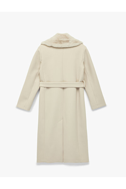 Koton Detachable Faux Fur Collar Coat with Belt Cashmere Long Sleeve