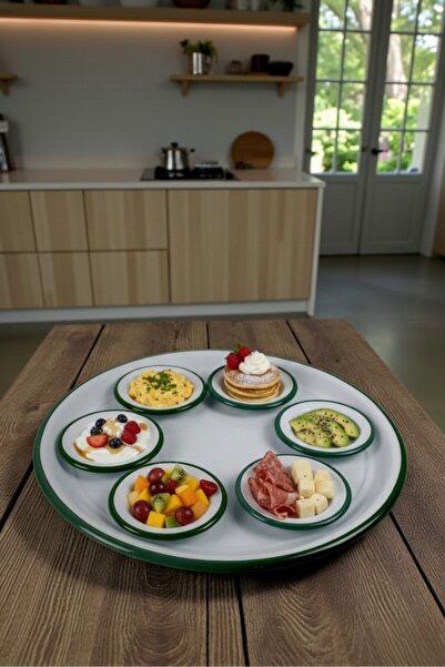 İnci Emaye 7 Piece Large Violet Patterned Enamel Breakfast Set, Serving Plate, Breakfast Plate, Jam Bowl, Dowry