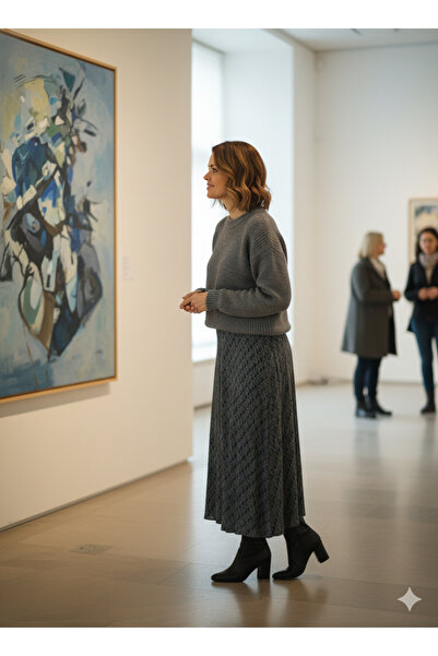 Oppland Women's Winter Piece Skirt Herringbone Patterned Fleece-Lined Elastic Cotton Thick Textured