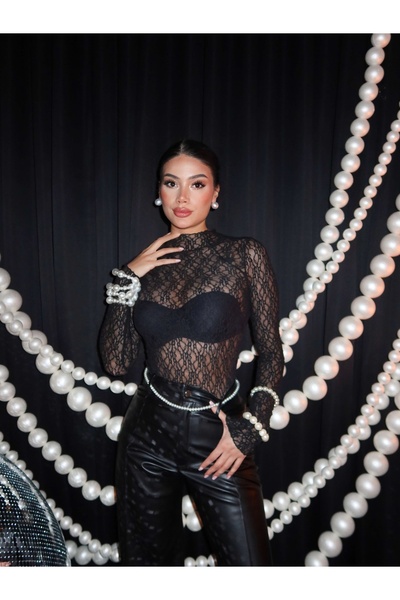 ESRAHELVACI Mock Neck Transparent Lace Blouse