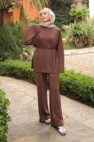 İmajButik Brown Waist-Tie Tunic with Trousers Modal Set