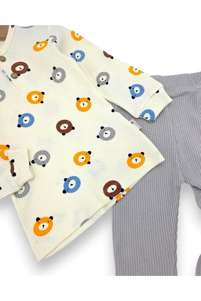 voyyo kids baby Baby Boy Corded Fabric Transitional Cute Teddy Bear Printed 6-9-12-18-24 Months Ribbed Bottom Top Stylish Set