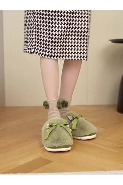 Take Two By Styli Green Fuzzy Slippers with Bow