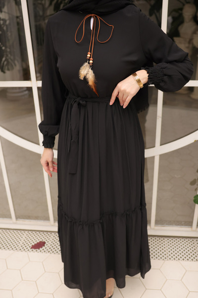 İmajButik Black Skirt Layered Belted Chiffon Dress