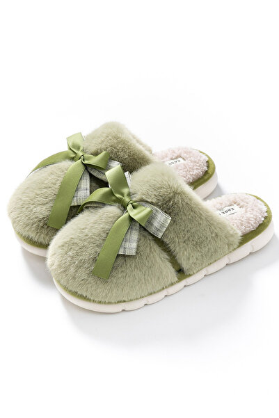 Take Two By Styli Green Fuzzy Slippers with Bow