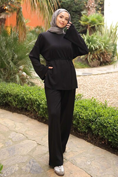 İmajButik Black Waist-Tie Tunic with Pants Modal Set