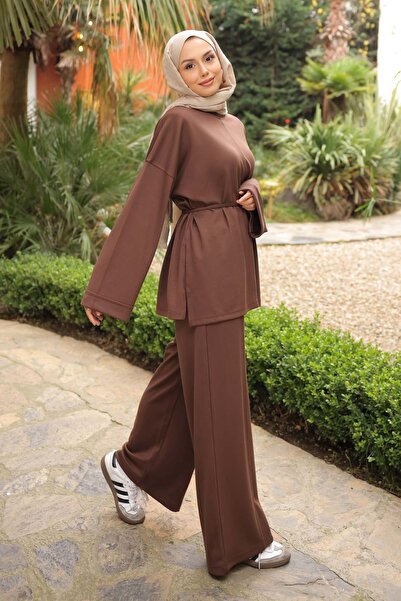 İmajButik Brown Waist-Tie Tunic with Trousers Modal Set