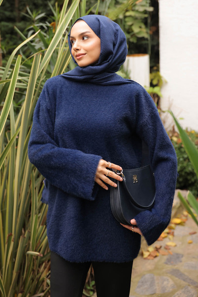 İmajButik Navy Blue Mock Neck Angora Soft Knit Sweater