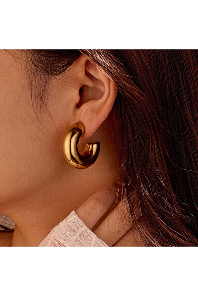 Just Pretty Corner 18K Gold-Plated Stainless Steel Glossy C-Shaped Studs Hoop Earring