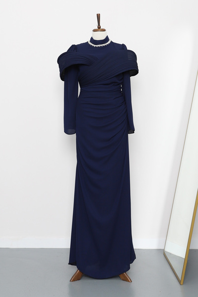 İmajButik Navy Blue Collar with Stone Detail Folded Shoulder Evening Dress Draped