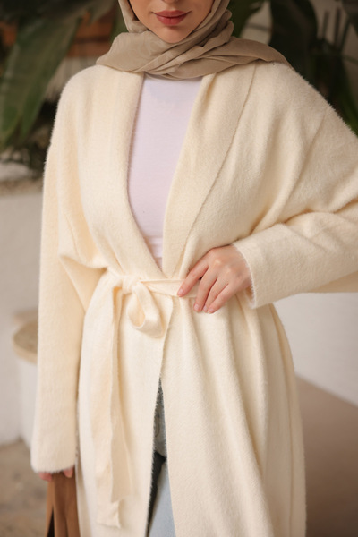 İmajButik Μακριά ζακέτα από ανγκόρα με κρεμ ζώνη