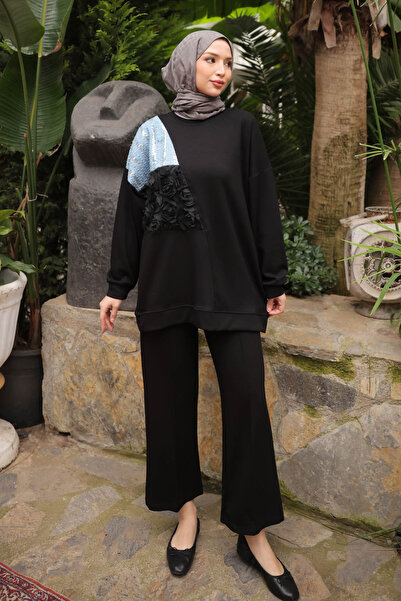 İmajButik Black Denim Paneled Modal Tunic Trouser Suit