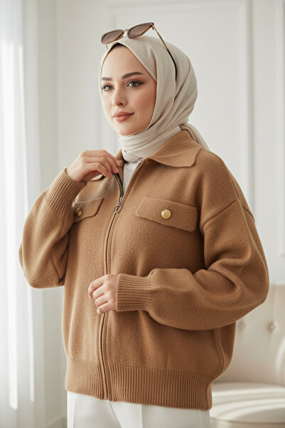 NEWCO Rita Gold Detail Polo Neck Soft Textured Angora Cardigan Stone