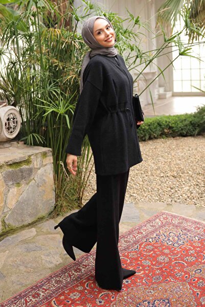 İmajButik Black Zippered Angora Soft Cardigan Pants Set