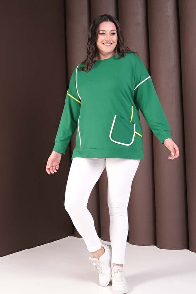 tarzımsüper Women's Plus Size Striped Detail Pocket Cotton Sweatshirt