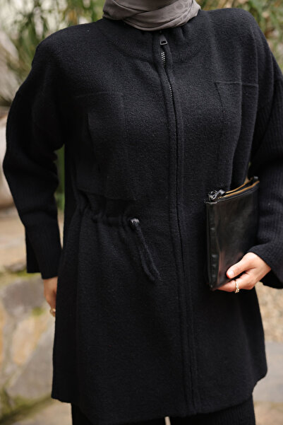 İmajButik Black Zippered Angora Soft Cardigan Pants Set