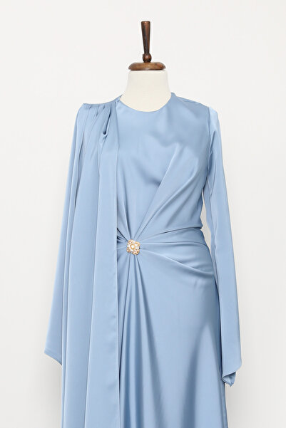 İmajButik Μπλε βρεφικό βραδινό φόρεμα ντραπέ σατέν με κάπα μπροστά