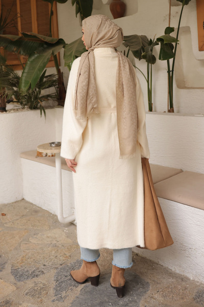 İmajButik Μακριά ζακέτα από ανγκόρα με κρεμ ζώνη