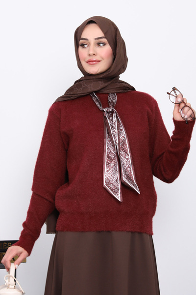 İmajButik Angora Soft Sweater with Burgundy Scarf Detail