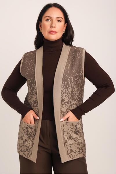 Uludağ Triko Women's Sand Brown Knitted Vest with Patterned Pockets
