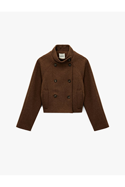 Koton Long Sleeve Pocketed Stand Collar Buttoned Double Breasted Short Cashmere Coat