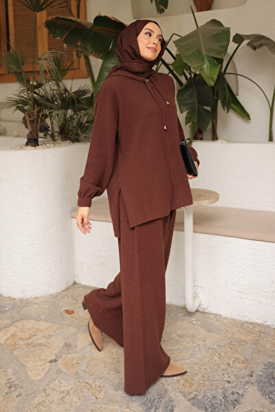 İmajButik Brown Angora Soft Cardigan Pants Set