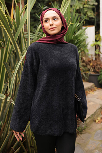 İmajButik Black Mock Neck Angora Soft Knit Sweater