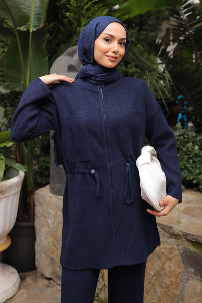 İmajButik Navy Blue Zippered Angora Soft Cardigan Pants Set