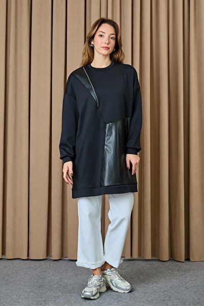 Puane Women's Modal Fabric Zipper and Leather Detailed Asymmetrical Tunic - 10728 - Black