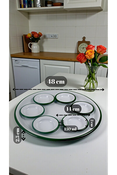 İnci Emaye 7 Piece Large Violet Patterned Enamel Breakfast Set, Serving Plate, Breakfast Plate, Jam Bowl, Dowry