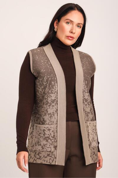 Uludağ Triko Women's Sand Brown Knitted Vest with Patterned Pockets