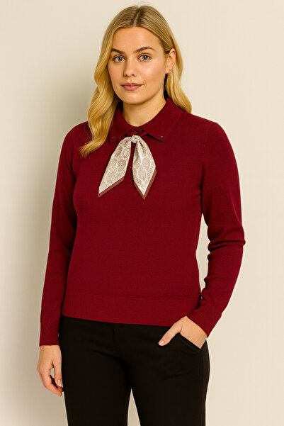 Sibel Günay Butik Women's Scarf Detailed Polo Neck Stretch Fabric Claret Red Knitwear Sweater | Standard Size